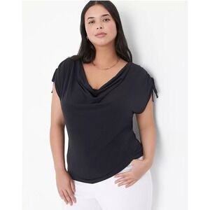 Lane Bryant Cowl Neck Top Women 26/28 Black Tie Shoulder Cap Sleeve Blouse NWT
